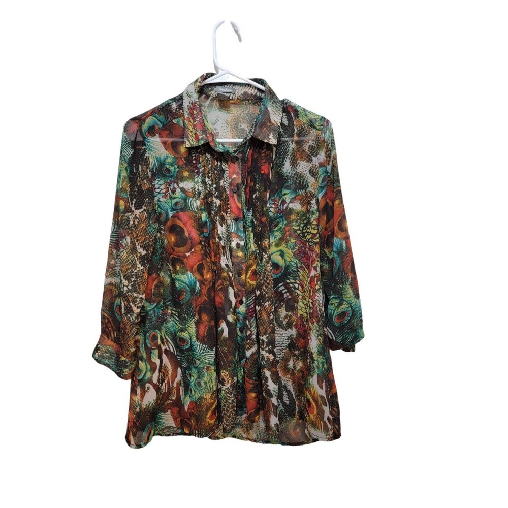 Neiman Marcus Peasant Floral Button-Down 3/4 Sleeve Shirt Size Small
